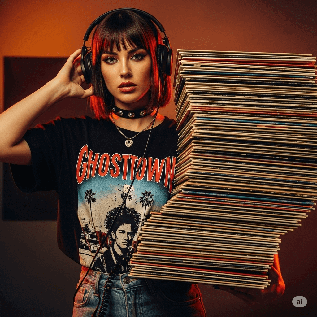 Kundin mit vielen Schallplatten